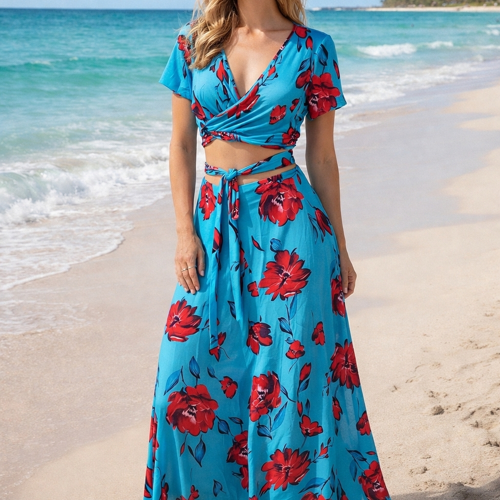 2 Pc Coastal Beachy Cover-up Wrap Around Top And Side Split Flowy Skirt Sz Med